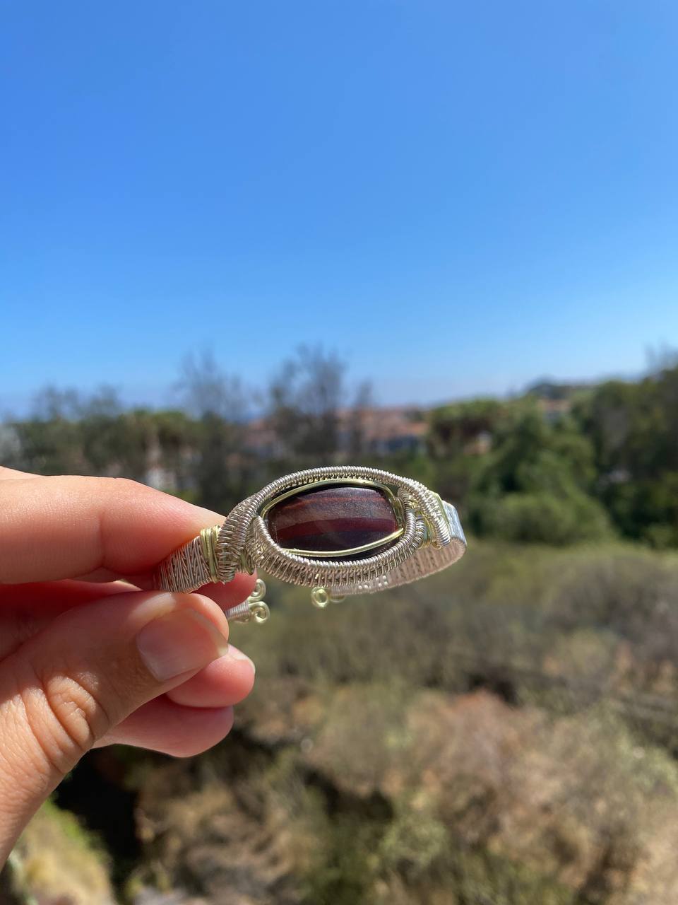 Red Tigers Eye Silver Plated Copper Cuff Bracelet (Small-Medium)