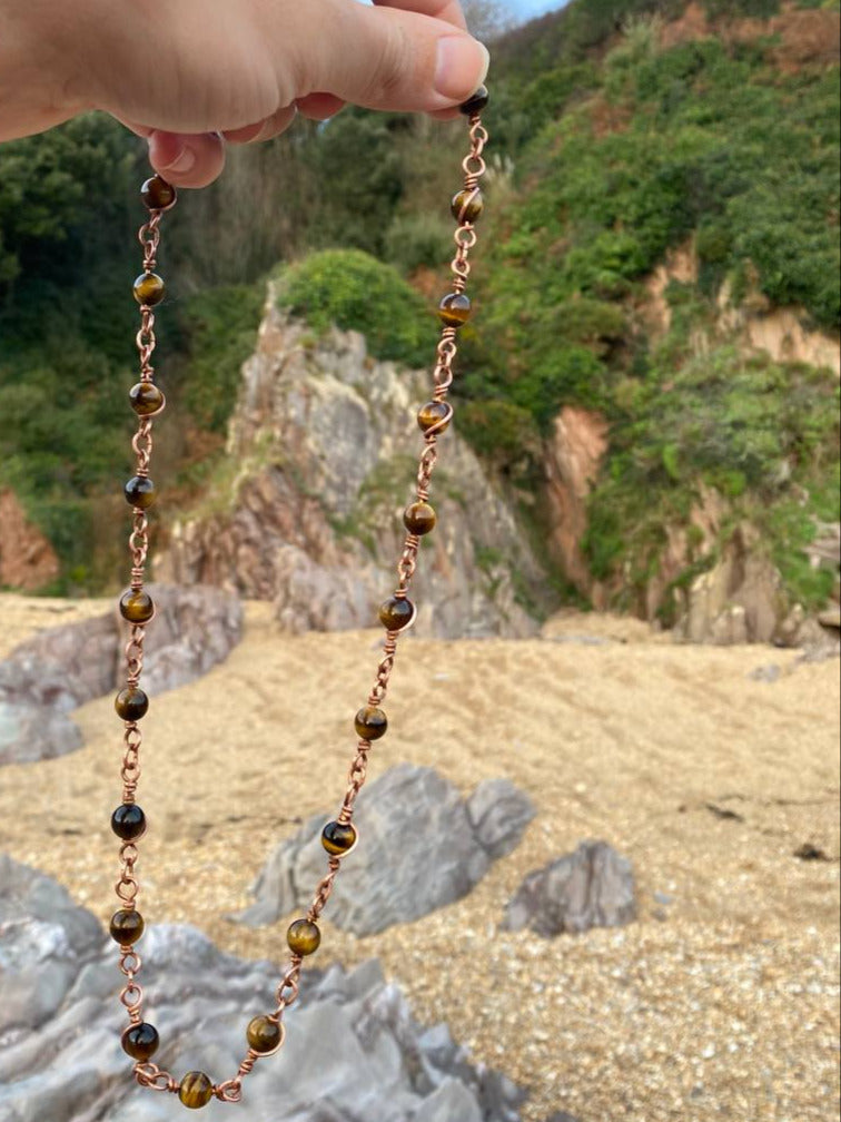 Beaded Copper Wrapped Chain in Tigers Eye or Rainbow Fluorite