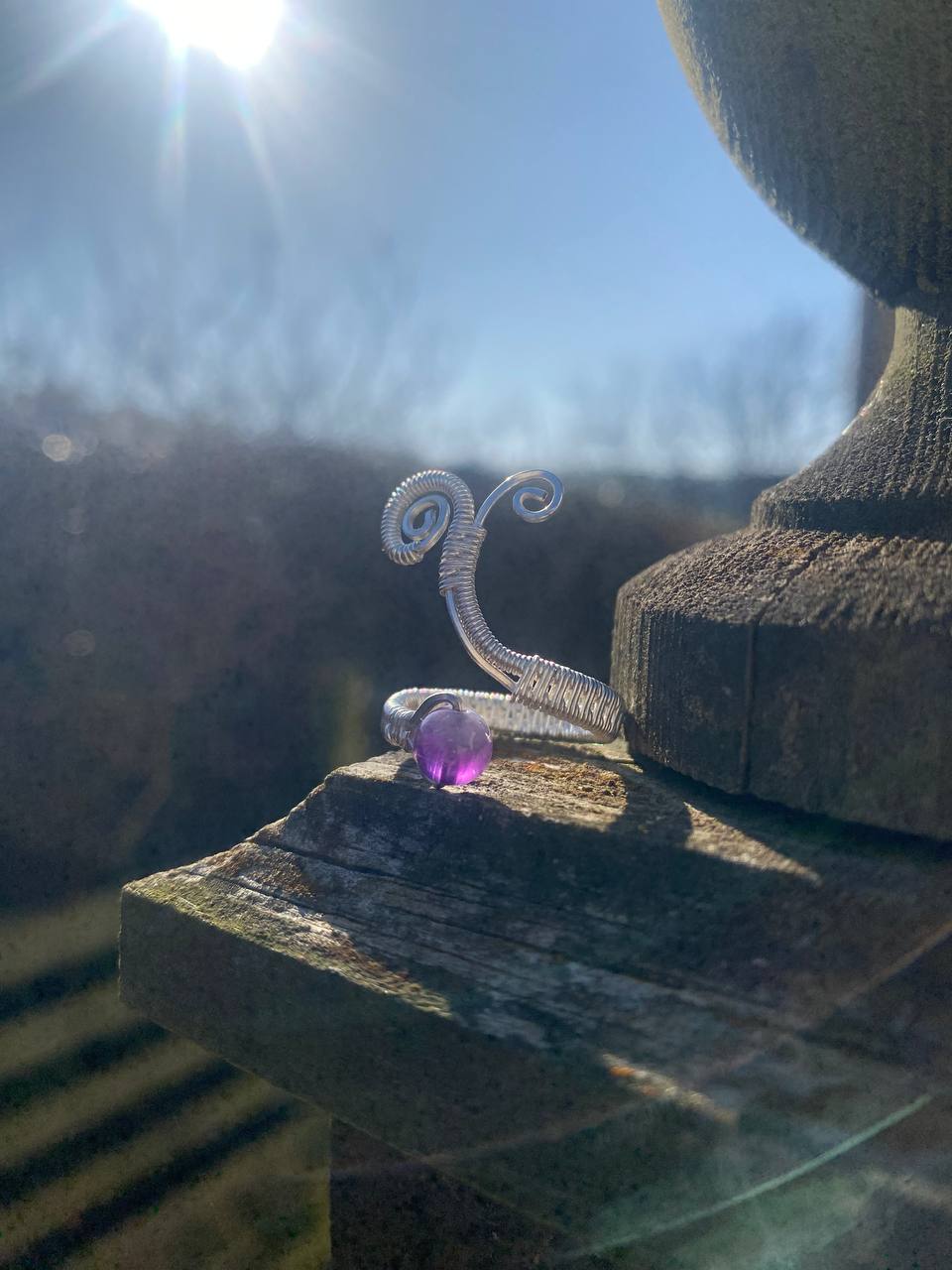 Adjustable Amethyst Swirly Copper Ring