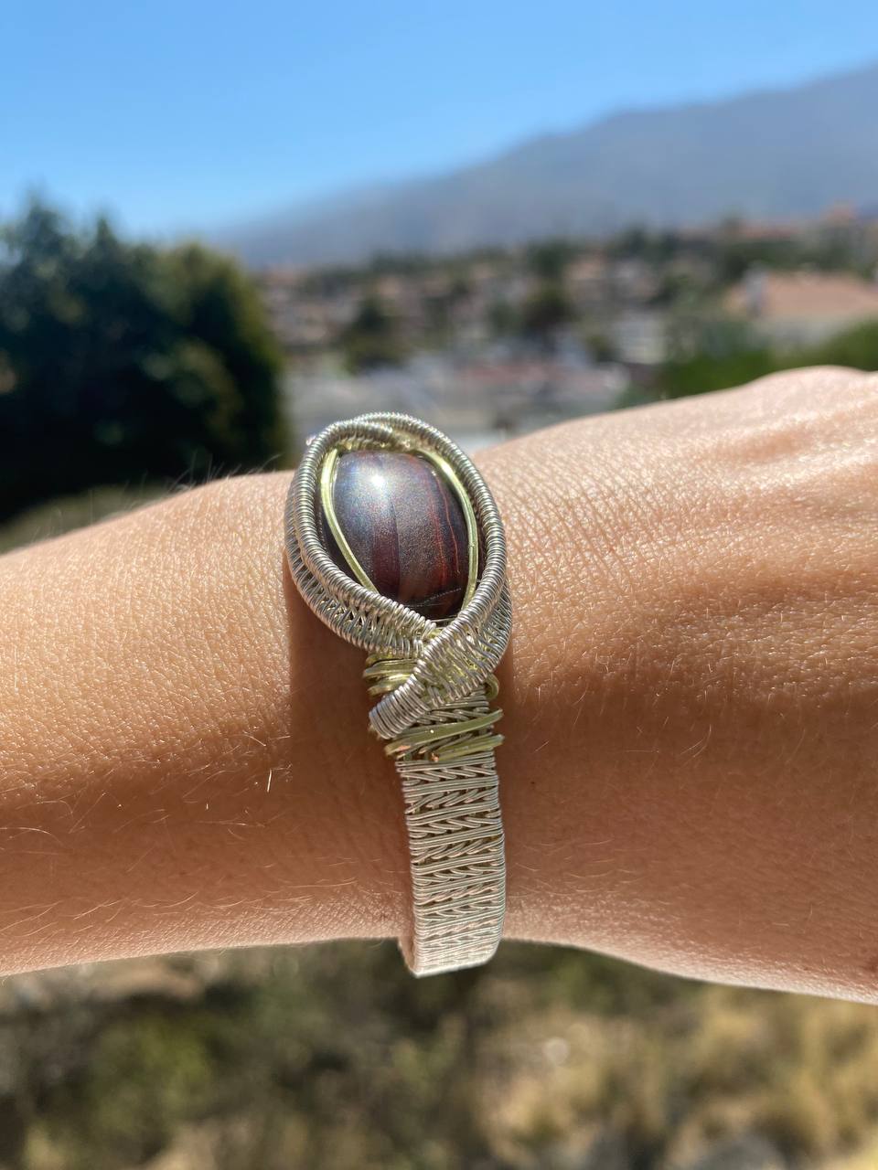 Red Tigers Eye Silver Plated Copper Cuff Bracelet (Small-Medium)