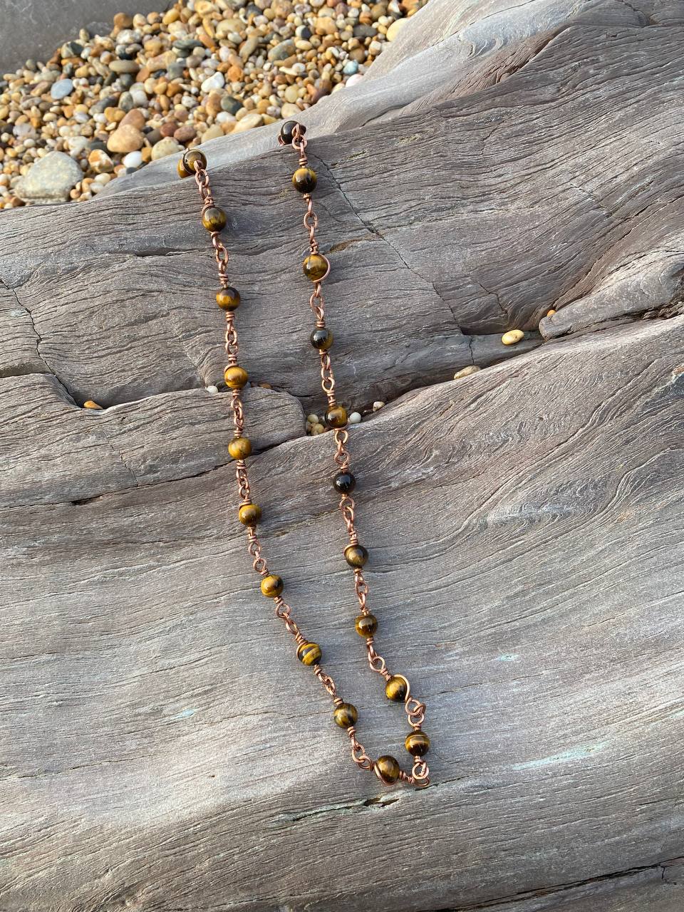 Beaded Copper Wrapped Chain in Tigers Eye or Rainbow Fluorite